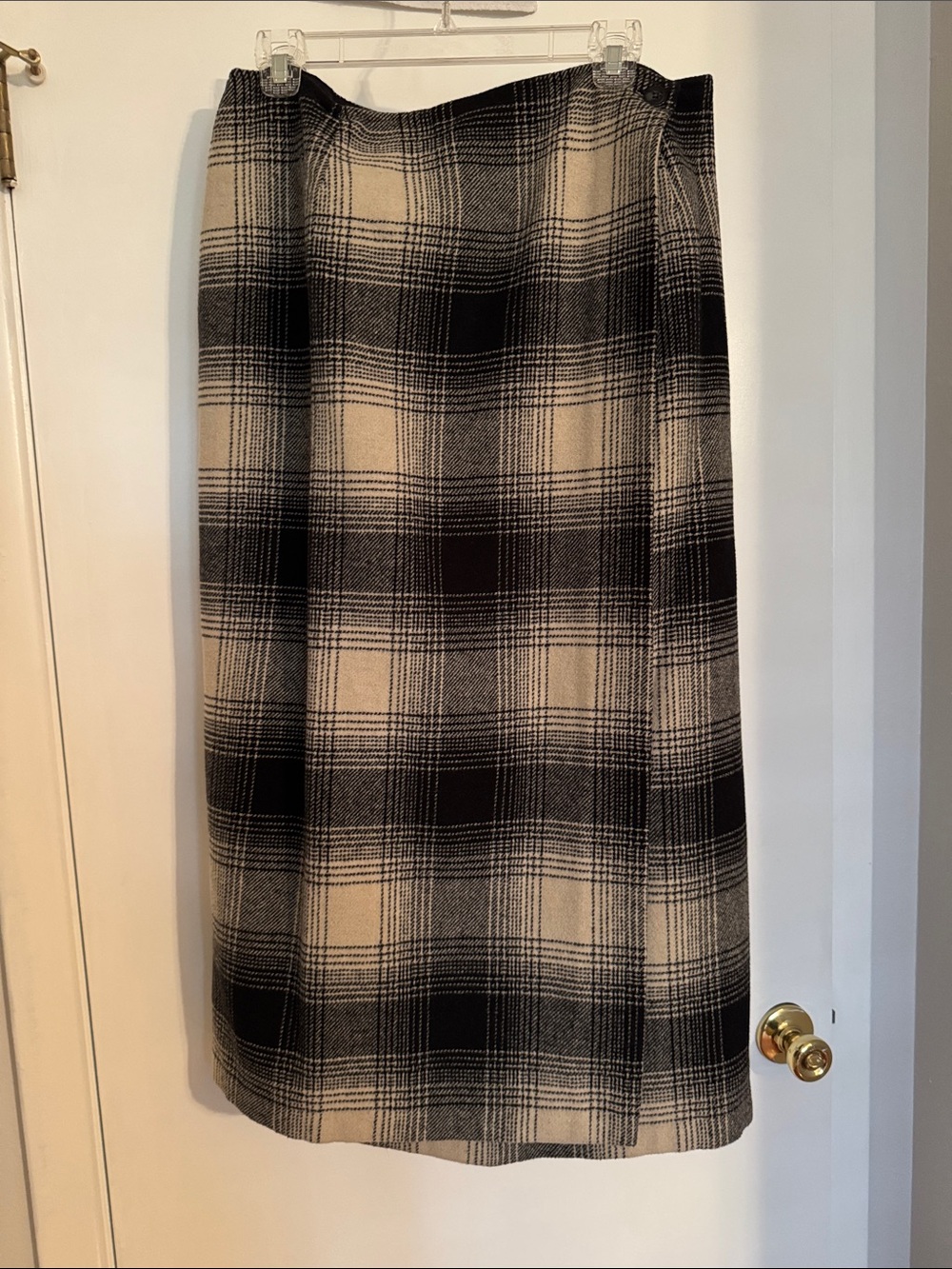 Talbots Black and Cream Plaid Midi Wool/Acryliic Blend Wrap Skirt